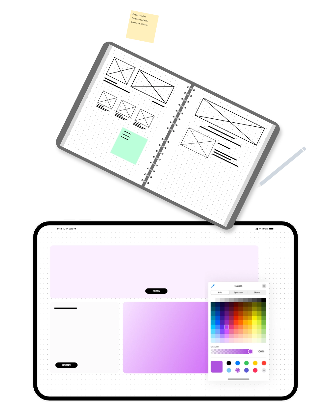 Ilustración de wireframe e interfaz en tablet.