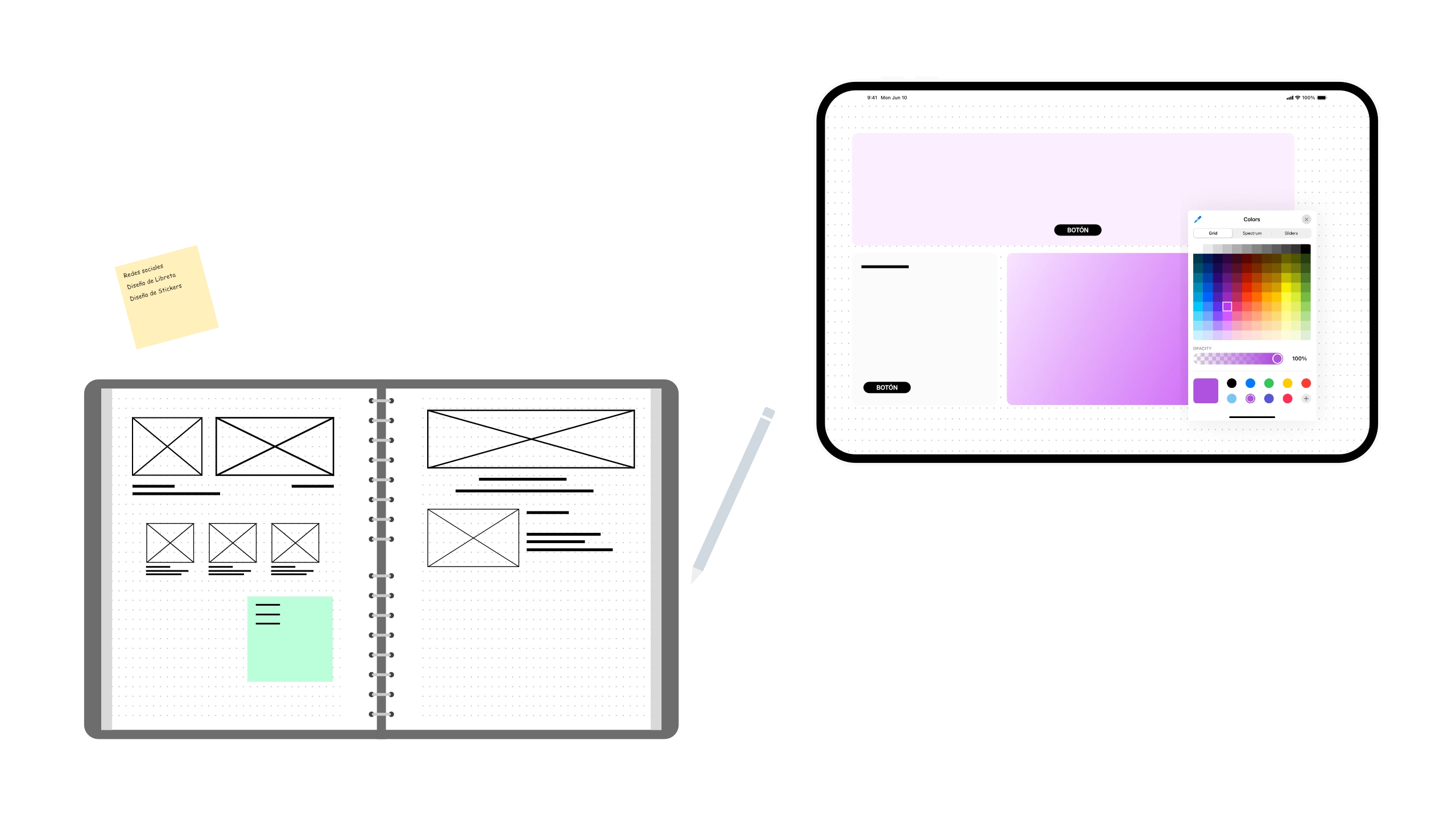Ilustración de wireframe e interfaz en tablet.